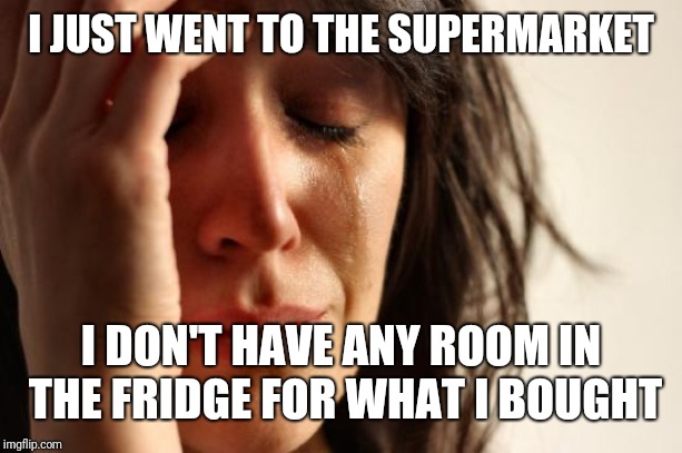 First World Problems | I JUST WENT TO THE SUPERMARKET; I DON'T HAVE ANY ROOM IN THE FRIDGE FOR WHAT I BOUGHT | image tagged in memes,first world problems | made w/ Imgflip meme maker