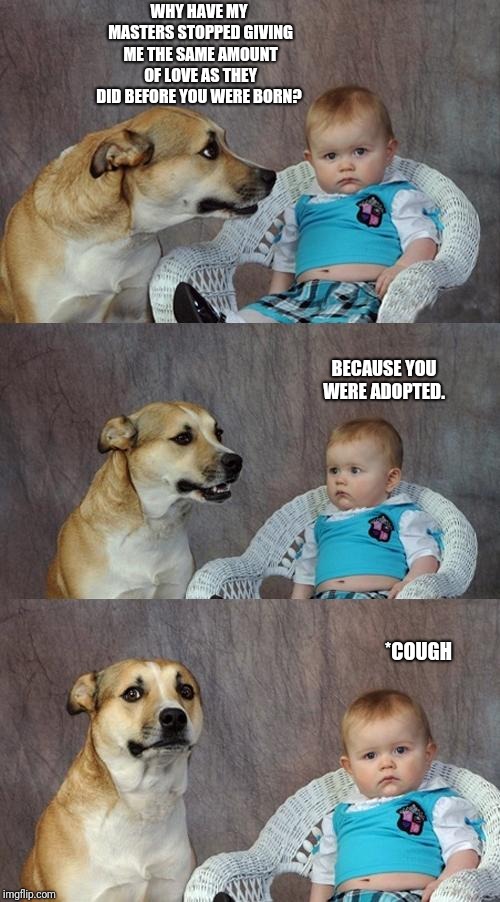 Dad Joke Dog Meme | WHY HAVE MY MASTERS STOPPED GIVING ME THE SAME AMOUNT OF LOVE AS THEY DID BEFORE YOU WERE BORN? BECAUSE YOU WERE ADOPTED. *COUGH | image tagged in memes,dad joke dog | made w/ Imgflip meme maker
