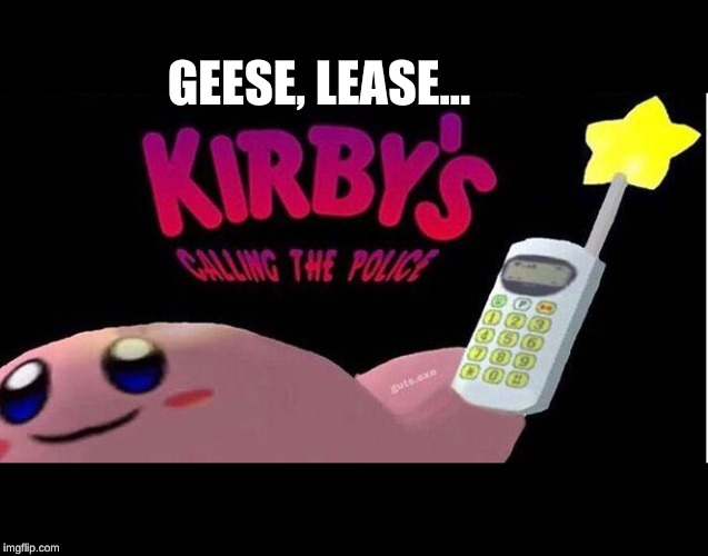 Kirby's calling the Police | GEESE, LEASE... | image tagged in kirby's calling the police | made w/ Imgflip meme maker