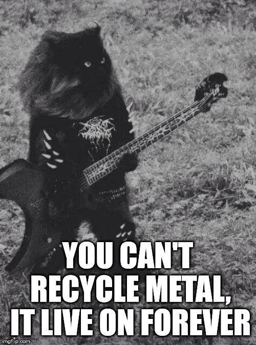 Black Metal Cat | YOU CAN'T RECYCLE METAL, IT LIVE ON FOREVER | image tagged in black metal cat | made w/ Imgflip meme maker