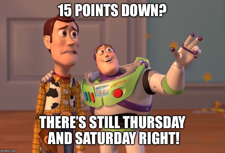 X, X Everywhere Meme | 15 POINTS DOWN? THERE’S STILL THURSDAY AND SATURDAY RIGHT! | image tagged in memes,x x everywhere | made w/ Imgflip meme maker