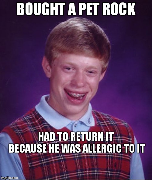 Bad Luck Brian Meme | BOUGHT A PET ROCK; HAD TO RETURN IT BECAUSE HE WAS ALLERGIC TO IT | image tagged in memes,bad luck brian | made w/ Imgflip meme maker
