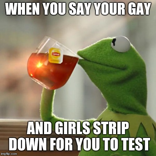 But That's None Of My Business Meme | WHEN YOU SAY YOUR GAY; AND GIRLS STRIP DOWN FOR YOU TO TEST | image tagged in memes,but thats none of my business,kermit the frog | made w/ Imgflip meme maker