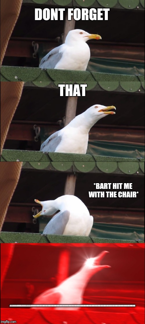 Inhaling Seagull Meme | DONT FORGET THAT *BART HIT ME WITH THE CHAIR* AAAAAAAAAAAAAAAAAAHHHHHHHHHHHHHHHHHHHHHHHHHHHHHHHHHHHHHHHHHHHHHHHHHHHHHHHHHHHHHHHHHHHHHHHHHHHH | image tagged in memes,inhaling seagull | made w/ Imgflip meme maker