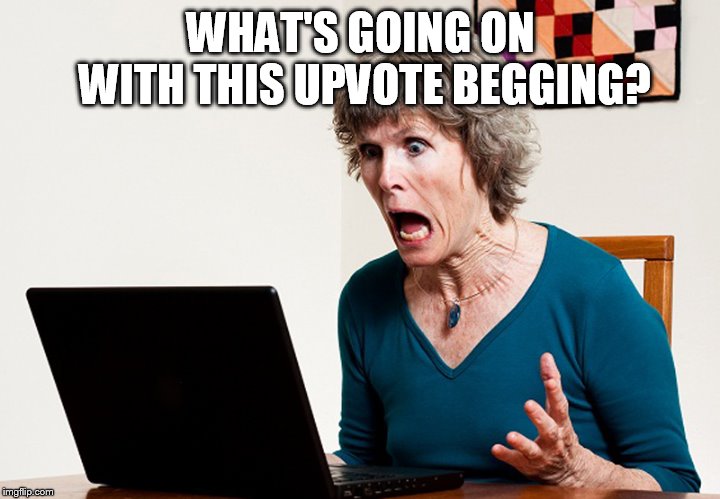 Mom frustrated at laptop | WHAT'S GOING ON WITH THIS UPVOTE BEGGING? | image tagged in mom frustrated at laptop | made w/ Imgflip meme maker