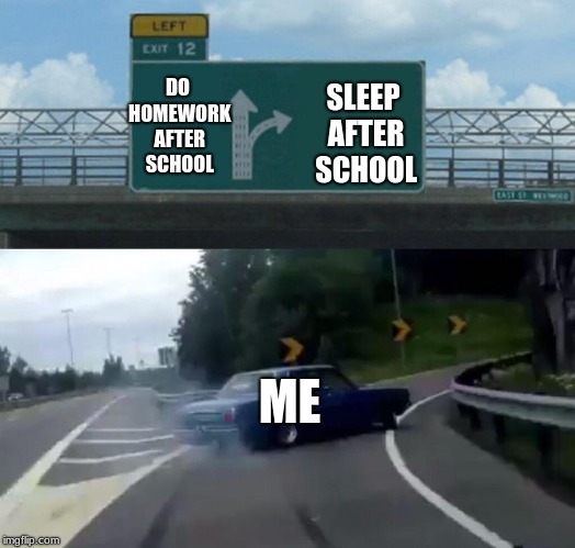 Left Exit 12 Off Ramp Meme | DO HOMEWORK AFTER SCHOOL; SLEEP AFTER SCHOOL; ME | image tagged in memes,left exit 12 off ramp | made w/ Imgflip meme maker