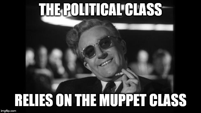 dr strangelove | THE POLITICAL CLASS RELIES ON THE MUPPET CLASS | image tagged in dr strangelove | made w/ Imgflip meme maker