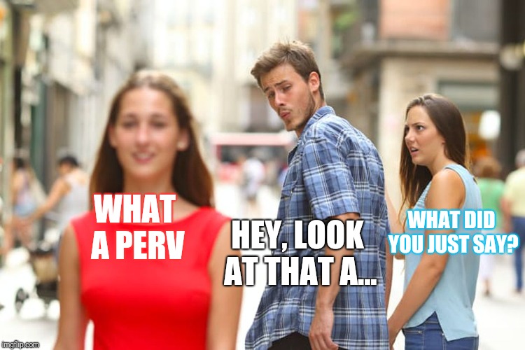 Distracted Boyfriend | WHAT A PERV; WHAT DID YOU JUST SAY? HEY, LOOK AT THAT A... | image tagged in memes,distracted boyfriend | made w/ Imgflip meme maker