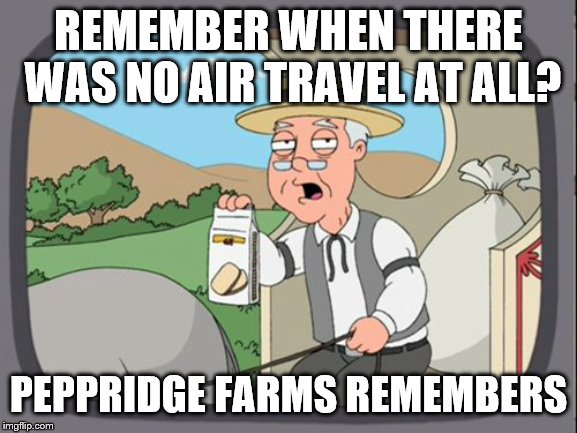 Family Guy Pepper Ridge | REMEMBER WHEN THERE WAS NO AIR TRAVEL AT ALL? PEPPRIDGE FARMS REMEMBERS | image tagged in family guy pepper ridge | made w/ Imgflip meme maker