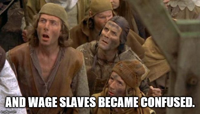 Monty Python Peasants | AND WAGE SLAVES BECAME CONFUSED. | image tagged in monty python peasants | made w/ Imgflip meme maker