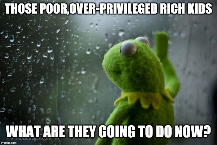kermit window | THOSE POOR,OVER-PRIVILEGED RICH KIDS WHAT ARE THEY GOING TO DO NOW? | image tagged in kermit window | made w/ Imgflip meme maker