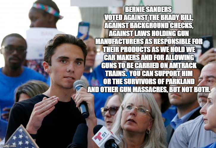 Parkland Survivor or Sanders | BERNIE SANDERS VOTED AGAINST THE BRADY BILL, AGAINST BACKGROUND CHECKS, AGAINST LAWS HOLDING GUN MANUFACTURERS AS RESPONSIBLE FOR THEIR PRODUCTS AS WE HOLD WE CAR MAKERS AND FOR ALLOWING GUNS TO BE CARRIED ON AMTRACK TRAINS.  YOU CAN SUPPORT HIM OR THE SURVIVORS OF PARKLAND AND OTHER GUN MASSACRES, BUT NOT BOTH. | image tagged in political meme | made w/ Imgflip meme maker