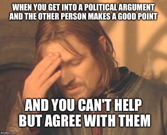 Frustrated Boromir | WHEN YOU GET INTO A POLITICAL ARGUMENT AND THE OTHER PERSON MAKES A GOOD POINT; AND YOU CAN'T HELP BUT AGREE WITH THEM | image tagged in memes,frustrated boromir | made w/ Imgflip meme maker