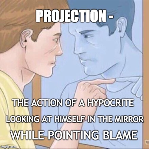 Lame Blame Game | PROJECTION -; THE ACTION OF A HYPOCRITE; LOOKING AT HIMSELF IN THE MIRROR; WHILE POINTING BLAME | image tagged in hypocrisy,blame,distraction,troll,psychology,optical illusion | made w/ Imgflip meme maker