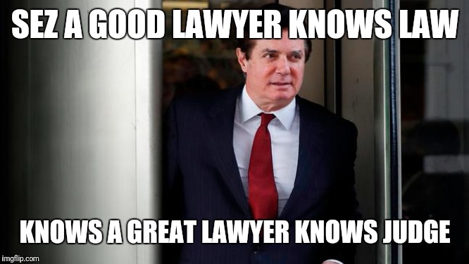 paul manafort | SEZ A GOOD LAWYER KNOWS LAW; KNOWS A GREAT LAWYER KNOWS JUDGE | image tagged in donald trump | made w/ Imgflip meme maker