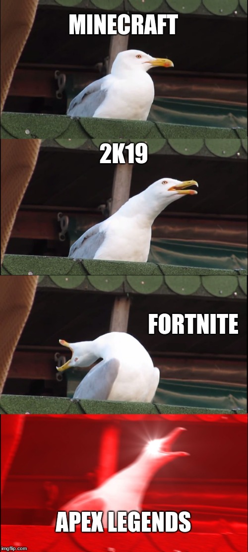 Inhaling Seagull | MINECRAFT; 2K19; FORTNITE; APEX LEGENDS | image tagged in memes,inhaling seagull | made w/ Imgflip meme maker