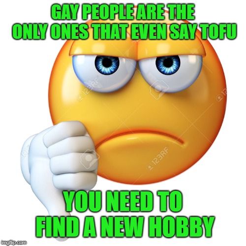 down | GAY PEOPLE ARE THE ONLY ONES THAT EVEN SAY TOFU YOU NEED TO FIND A NEW HOBBY | image tagged in down | made w/ Imgflip meme maker
