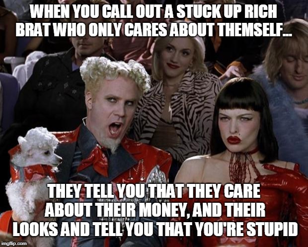 Mugatu So Hot Right Now | WHEN YOU CALL OUT A STUCK UP RICH BRAT WHO ONLY CARES ABOUT THEMSELF... THEY TELL YOU THAT THEY CARE ABOUT THEIR MONEY, AND THEIR LOOKS AND TELL YOU THAT YOU'RE STUPID | image tagged in memes,mugatu so hot right now | made w/ Imgflip meme maker