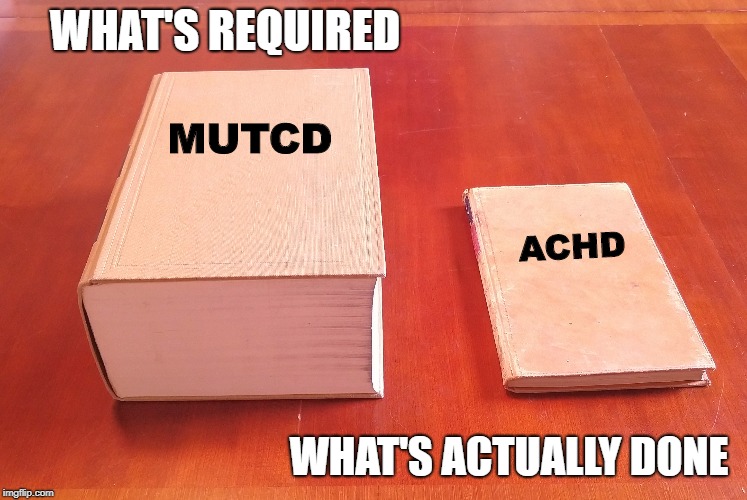 Big Book Little Book | WHAT'S REQUIRED; MUTCD; ACHD; WHAT'S ACTUALLY DONE | image tagged in books | made w/ Imgflip meme maker