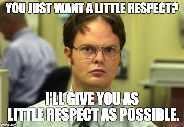 Dwight is Right | YOU JUST WANT A LITTLE RESPECT? I'LL GIVE YOU AS LITTLE RESPECT AS POSSIBLE. | image tagged in memes,dwight schrute | made w/ Imgflip meme maker