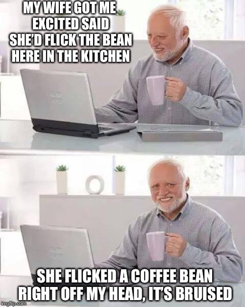 Hide the Pain Harold Meme | MY WIFE GOT ME EXCITED SAID SHE’D FLICK THE BEAN HERE IN THE KITCHEN SHE FLICKED A COFFEE BEAN RIGHT OFF MY HEAD, IT’S BRUISED | image tagged in memes,hide the pain harold | made w/ Imgflip meme maker