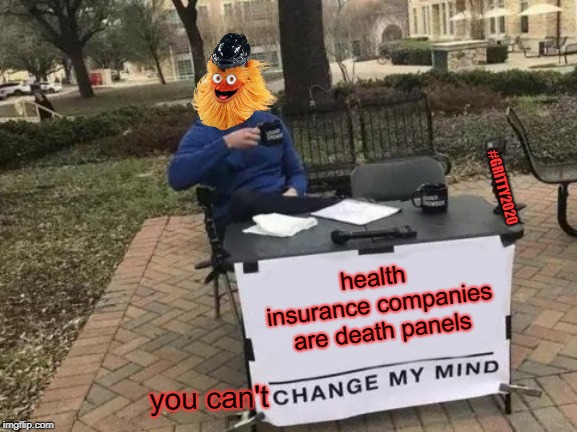 Change My Mind | #GRITTY2020; health insurance companies are death panels; you can't | image tagged in memes,change my mind | made w/ Imgflip meme maker
