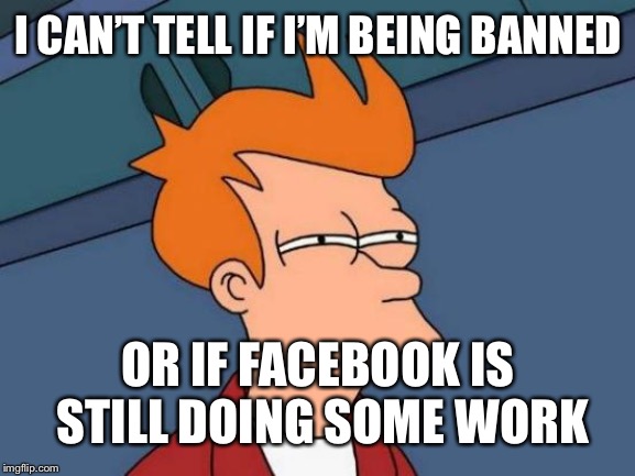 Futurama Fry Meme | I CAN’T TELL IF I’M BEING BANNED; OR IF FACEBOOK IS STILL DOING SOME WORK | image tagged in memes,futurama fry | made w/ Imgflip meme maker