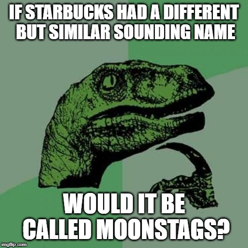 Philosoraptor | IF STARBUCKS HAD A DIFFERENT BUT SIMILAR SOUNDING NAME; WOULD IT BE CALLED MOONSTAGS? | image tagged in memes,philosoraptor | made w/ Imgflip meme maker