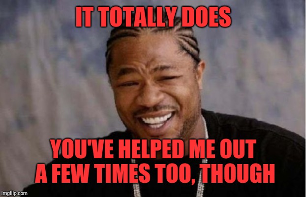 Yo Dawg Heard You Meme | IT TOTALLY DOES YOU'VE HELPED ME OUT A FEW TIMES TOO, THOUGH | image tagged in memes,yo dawg heard you | made w/ Imgflip meme maker