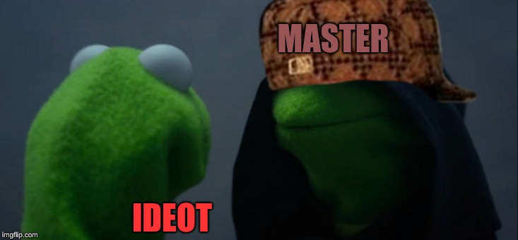 Evil Kermit | MASTER; IDEOT | image tagged in memes,evil kermit | made w/ Imgflip meme maker