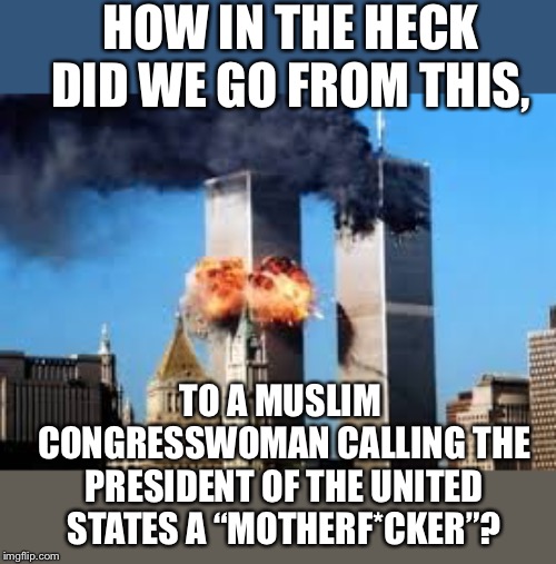 18 short years later... | HOW IN THE HECK DID WE GO FROM THIS, TO A MUSLIM CONGRESSWOMAN CALLING THE PRESIDENT OF THE UNITED STATES A “MOTHERF*CKER”? | image tagged in maga | made w/ Imgflip meme maker