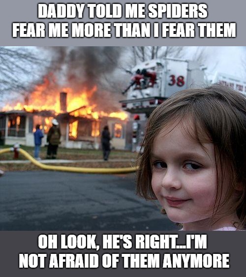 Disaster Girl Meme | DADDY TOLD ME SPIDERS FEAR ME MORE THAN I FEAR THEM; OH LOOK, HE'S RIGHT...I'M NOT AFRAID OF THEM ANYMORE | image tagged in memes,disaster girl | made w/ Imgflip meme maker