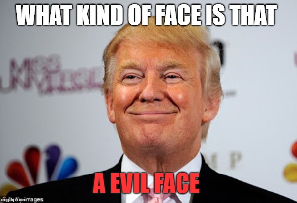 Donald trump approves | WHAT KIND OF FACE IS THAT; A EVIL FACE | image tagged in donald trump approves | made w/ Imgflip meme maker