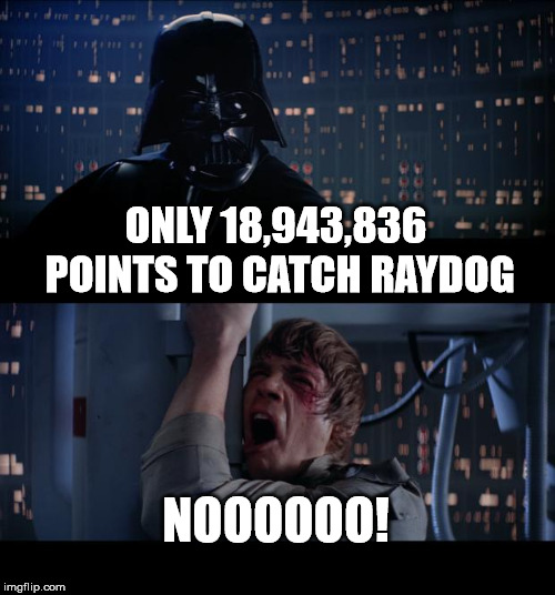 Star Wars No Meme | ONLY 18,943,836 POINTS TO CATCH RAYDOG; NOOOOOO! | image tagged in memes,star wars no | made w/ Imgflip meme maker