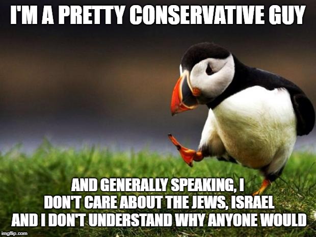 Yep, and I don't hide behind the 'anonymous' option  either.. | I'M A PRETTY CONSERVATIVE GUY; AND GENERALLY SPEAKING, I DON'T CARE ABOUT THE JEWS, ISRAEL AND I DON'T UNDERSTAND WHY ANYONE WOULD | image tagged in memes,unpopular opinion puffin | made w/ Imgflip meme maker