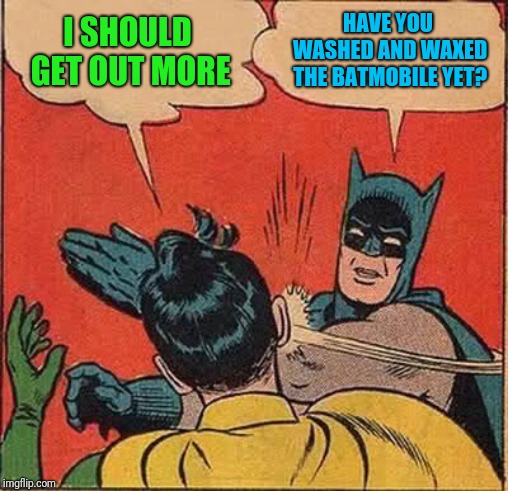 Batman Slapping Robin Meme | I SHOULD GET OUT MORE HAVE YOU WASHED AND WAXED THE BATMOBILE YET? | image tagged in memes,batman slapping robin | made w/ Imgflip meme maker