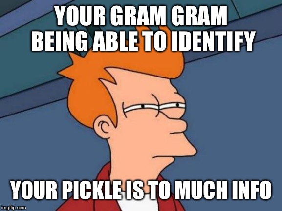 Futurama Fry Meme | YOUR GRAM GRAM BEING ABLE TO IDENTIFY YOUR PICKLE IS TO MUCH INFO | image tagged in memes,futurama fry | made w/ Imgflip meme maker