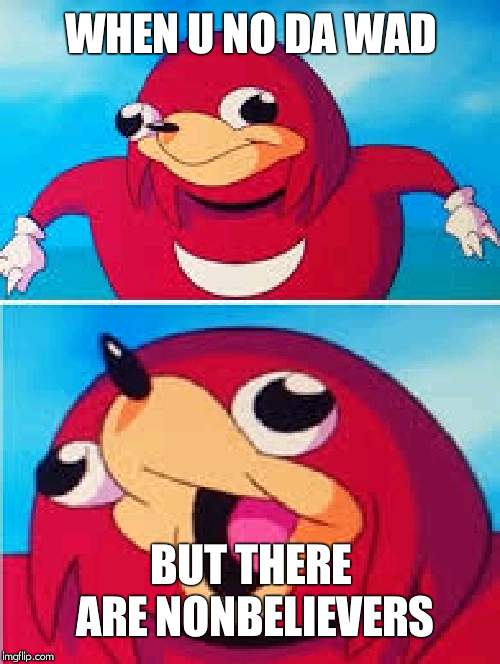 The wae! Da Wae! | WHEN U NO DA WAD; BUT THERE ARE NONBELIEVERS | image tagged in knuckles | made w/ Imgflip meme maker