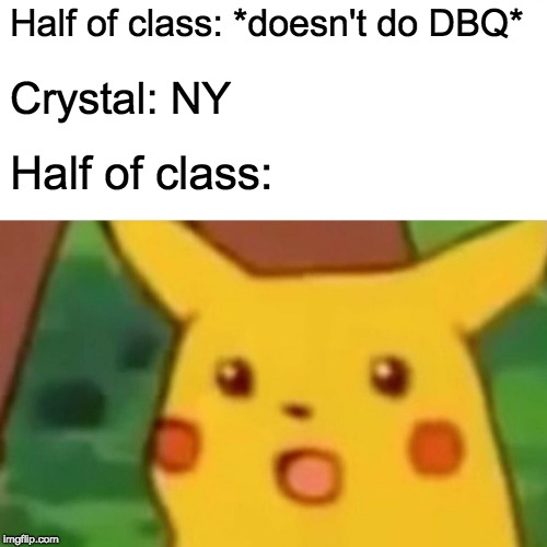 Surprised Pikachu Meme | Half of class: *doesn't do DBQ*; Crystal: NY; Half of class: | image tagged in memes,surprised pikachu | made w/ Imgflip meme maker