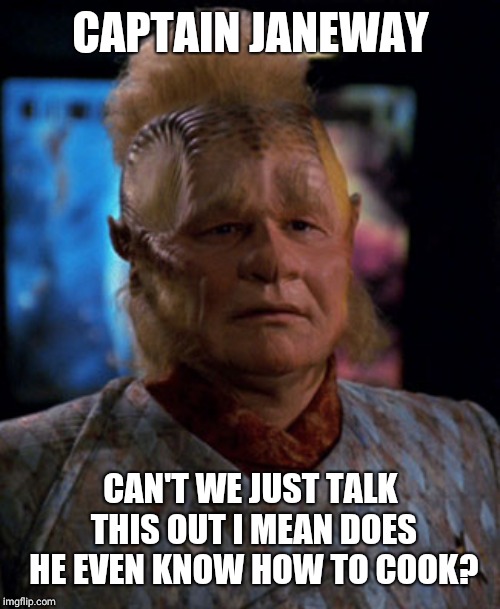 neelix | CAPTAIN JANEWAY CAN'T WE JUST TALK THIS OUT I MEAN DOES HE EVEN KNOW HOW TO COOK? | image tagged in neelix | made w/ Imgflip meme maker