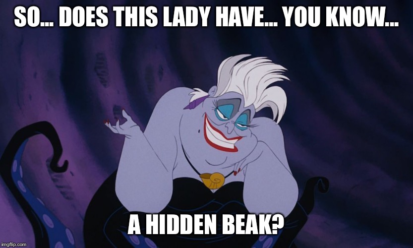 Ursula | SO... DOES THIS LADY HAVE... YOU KNOW... A HIDDEN BEAK? | image tagged in ursula | made w/ Imgflip meme maker