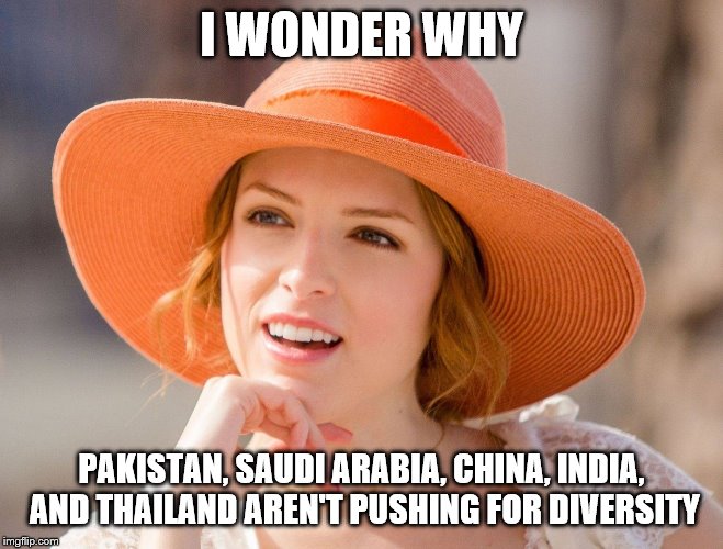 Condescending Kendrick | I WONDER WHY PAKISTAN, SAUDI ARABIA, CHINA, INDIA, AND THAILAND AREN'T PUSHING FOR DIVERSITY | image tagged in condescending kendrick | made w/ Imgflip meme maker