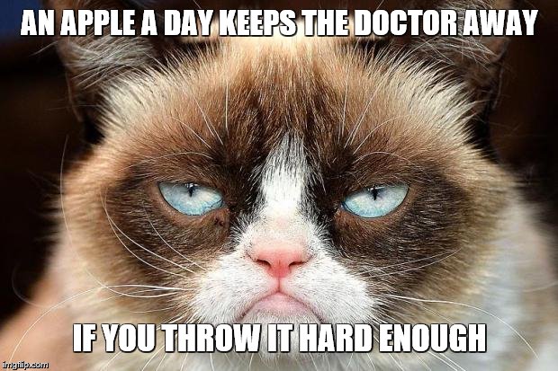 Grumpy Cat Not Amused Meme | AN APPLE A DAY KEEPS THE DOCTOR AWAY IF YOU THROW IT HARD ENOUGH | image tagged in memes,grumpy cat not amused,grumpy cat | made w/ Imgflip meme maker