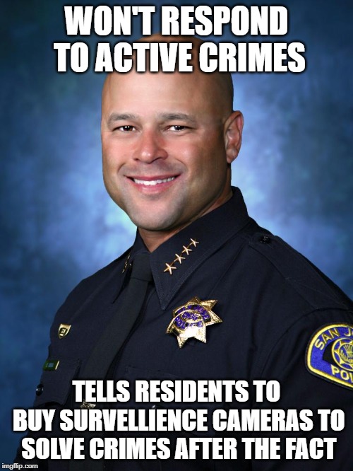 WON'T RESPOND TO ACTIVE CRIMES; TELLS RESIDENTS TO BUY SURVELLIENCE CAMERAS TO SOLVE CRIMES AFTER THE FACT | made w/ Imgflip meme maker