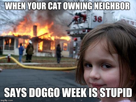 Disaster Girl Meme | WHEN YOUR CAT OWNING NEIGHBOR; SAYS DOGGO WEEK IS STUPID | image tagged in memes,disaster girl | made w/ Imgflip meme maker