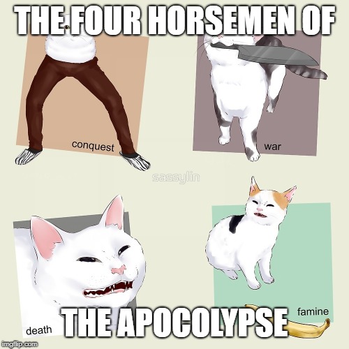 The four cats of the apocolypse | THE FOUR HORSEMEN OF; THE APOCOLYPSE | image tagged in cats,oh wow are you actually reading these tags,thisimagehasalotoftags,too many tags,bananas,knife | made w/ Imgflip meme maker