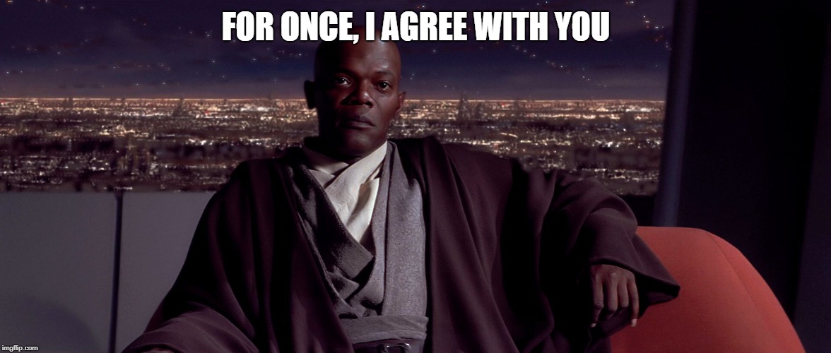 Mace Windu I agree | FOR ONCE, I AGREE WITH YOU | image tagged in mace windu i agree | made w/ Imgflip meme maker