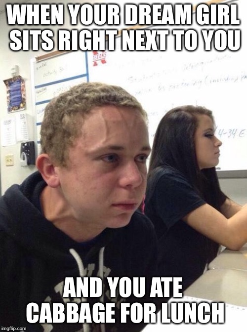 Fart control | WHEN YOUR DREAM GIRL SITS RIGHT NEXT TO YOU; AND YOU ATE CABBAGE FOR LUNCH | image tagged in straining kid | made w/ Imgflip meme maker