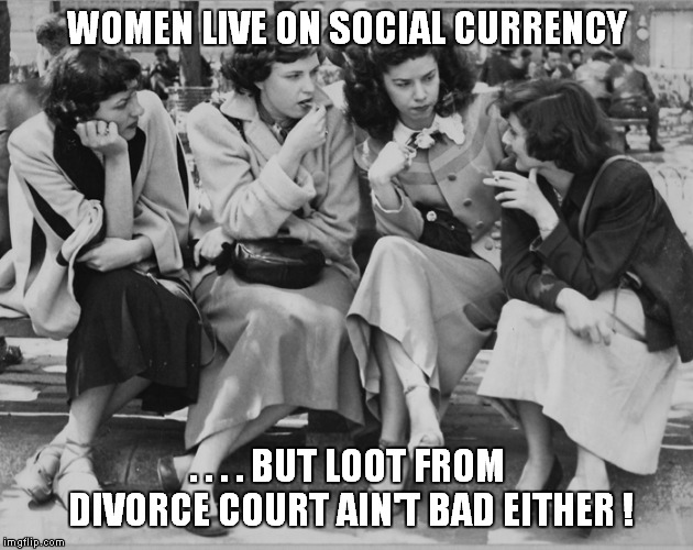 WOMEN LIVE ON SOCIAL CURRENCY; . . . . BUT LOOT FROM DIVORCE COURT AIN'T BAD EITHER ! | made w/ Imgflip meme maker
