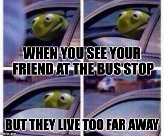 Kermit rolls up window | WHEN YOU SEE YOUR FRIEND AT THE BUS STOP; BUT THEY LIVE TOO FAR AWAY | image tagged in memes | made w/ Imgflip meme maker